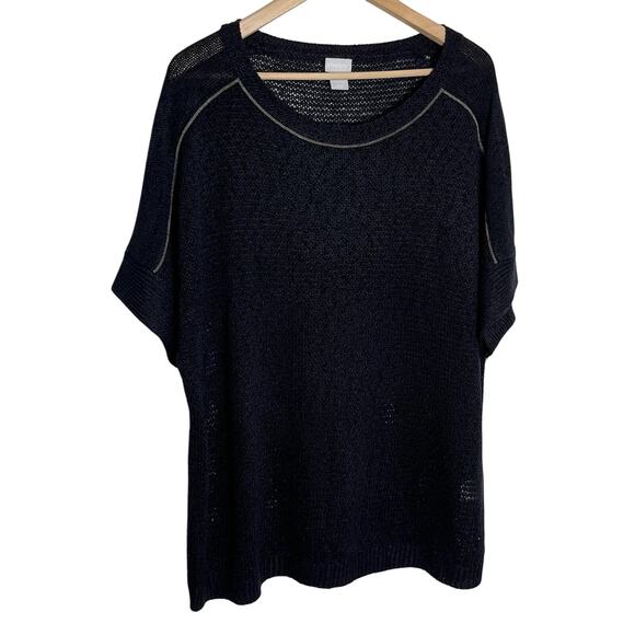 Chicos Women Short Sleeve Pullover Sweater Tee Size XXL Navy Knit Lux Mesh - Picture 1 of 10